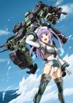  1girl bangs boots breasts frame_arms_girl greifen highres kumichou_(ef65-1118-ef81-95) looking_to_the_side mecha mecha_request medium_breasts ocean open_hands open_mouth purple_eyes purple_hair thigh_boots thighhighs 