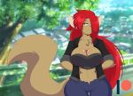  abs anthro bottomwear breasts cleavage clothed clothing crossgender denim denim_clothing female hair jacket jeans long_hair mammal mastergodai outside pants quick_bourne rascals red_hair rodent sciurid solo street topwear webcomic 