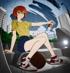  1girl basketball bottle building city colorized full_body highres holding holding_bottle lem md5_mismatch original red_hair satansoft1 shirt shoes short_hair short_shorts short_sleeves shorts sitting sneakers stairs 