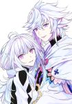  1boy 1girl absurdres ahoge commentary_request eyebrows_visible_through_hair fate/grand_order fate/prototype fate_(series) hair_between_eyes highres long_hair looking_at_viewer merlin_(fate) merlin_(fate/prototype) nipi27 purple_eyes simple_background upper_body white_background white_hair 