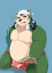  2020 anthro belly blush bulge canid canine canis clothing domestic_dog fur green_body green_fur headphones_around_neck hi_res humanoid_hands kemono live-a-hero male mammal mokdai nipples overweight overweight_anthro overweight_male p7ezporlzfjnk6n simple_background solo underwear video_games 