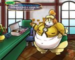  animal_crossing anthro canid canine canis chair dialogue domestic_dog doughnut female food furniture hi_res isabelle_(animal_crossing) mammal nintendo obese obese_anthro obese_female overweight overweight_anthro overweight_female royaljellysandwich shih_tzu solo toy_dog video_games 