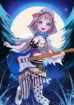  1girl :d absurdres aoba_moca asymmetrical_footwear asymmetrical_legwear bang_dream! black_footwear blue_bow blue_eyes bow eyebrows_visible_through_hair full_moon grass grey_hair guitar highres instrument looking_at_viewer moon night night_sky open_mouth pine_tree polka_dot polka_dot_legwear power_(lu_power) short_hair sky smile solo star_(sky) starry_sky striped striped_bow striped_legwear thighhighs tree vertical-striped_legwear vertical_stripes white_footwear zettai_ryouiki 