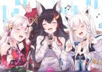  :d \m/ ^_^ ahoge animal_ear_fluff animal_ears bangs bell black_hair blush braid breasts choker closed_eyes eyebrows_visible_through_hair fang flipped_hair fox_ears fox_girl hair_between_eyes hair_down hair_ornament hairclip hakuya_(white_night) holding holding_microphone hololive horns instrument japanese_clothes long_hair microphone multicolored_hair multiple_girls music nakiri_ayame oni oni_horns ookami_mio open_mouth red_hair shirakami_fubuki side_braid silver_hair singing smile streaked_hair tail tambourine very_long_hair virtual_youtuber white_hair wolf_ears wolf_girl wolf_tail 