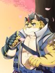  2020 3:4 anthro belly clothed clothing felid humanoid_hands kemono male mammal noichi_53 outside overweight overweight_anthro overweight_male pantherine solo tamakore tiger weapon 