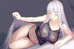  1girl ak-12_(girls_frontline) ass_visible_through_thighs bangs bed_sheet black_panties blush breasts closed_eyes collarbone covered_nipples eyebrows_visible_through_hair girls_frontline holding_sheet kageshio_(276006) large_breasts long_hair lying navel on_side open_mouth panties parted_bangs sidelocks silver_hair sleepwear solo thighs underwear 