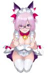  1girl absurdres aka_shiro_kiiro animal_ears apron bangs bell bell_collar blush breasts cat_ears cleavage collar collarbone cosplay fate/extra fate/grand_order fate_(series) frills glasses hair_over_one_eye hair_ribbon highres jingle_bell light_purple_hair looking_at_viewer maid_headdress mash_kyrielight naked_apron open_mouth paw_shoes purple_eyes red_ribbon ribbon seiza shoes short_hair simple_background sitting smile tamamo_(fate)_(all) tamamo_cat_(fate) tamamo_cat_(fate)_(cosplay) thighhighs two_side_up white_apron white_background white_legwear 
