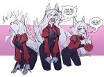  &lt;3 ailaanne alternate_species anthro awoo blush breasts canid canine cerberus_(helltaker) clothed clothing dialogue english_text female group hair helltaker howl mammal red_eyes simple_background smile speech_bubble text 