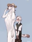  2020 age_difference anthro bebebebebe blush bodily_fluids borzoi breasts brown_eyes canid canine canis clothed clothing domestic_dog dress duo female fur hair hi_res hunting_dog male mammal nipples older_female pawpads sighthound simple_background spots sun_hat sweat translucent translucent_clothing white_body white_fur white_hair young younger_male 