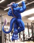  4:5 4_toes anthro back_muscles balls barely_visible_balls barely_visible_genitalia blue_body blue_butt blue_scales blue_tail butt claws clenched_teeth dragon dream_and_nightmare exercise eyes_closed genitals hi_res horn male muscular muscular_male nude scales scalie soles tail_tuft teeth toe_claws toes tuft white_horn 