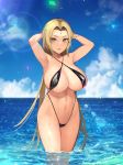  1girl armpits arms_behind_head bikini blonde_hair breasts cloud collarbone commentary_request criss-cross_halter facial_mark forehead forehead_mark halterneck highres huge_breasts long_hair naruto naruto_(series) naruto_shippuuden navel sidelocks sky slingshot_swimsuit sparkle sunlight swimsuit thighs tsunade very_long_hair wading water wet yellow_eyes yuzuriha_(active_homing) 