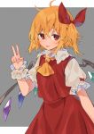  1girl :p ahoge akagashi_hagane blonde_hair blush cowboy_shot crystal flandre_scarlet grey_background hair_ribbon hand_up looking_at_viewer medium_hair no_hat no_headwear red_eyes red_ribbon red_skirt red_vest ribbon shirt short_sleeves side_ponytail skirt solo tongue tongue_out touhou v vest white_shirt wings wrist_cuffs yellow_neckwear 