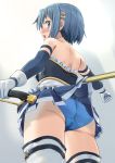  1girl armlet ass bare_shoulders blue_gloves blue_hair blue_panties blue_shirt blue_skirt blush boots chicken_(chickenx) cowboy_shot crotch_seam elbow_gloves frilled_shirt frills from_behind gloves hair_ornament hairclip highres holding holding_sword holding_weapon lifted_by_another looking_at_viewer looking_back magical_girl mahou_shoujo_madoka_magica miki_sayaka miniskirt open_mouth panties pleated_skirt polearm shirt short_hair skirt skirt_lift spear standing sword thigh_boots thigh_strap thighhighs underwear weapon white_footwear white_gloves 