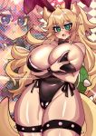  1girl :o :t animal_ears annoyed black_leotard black_neckwear blonde_hair blush bow bowsette bowtie breasts bunny_ears bunny_girl bunnysuit checkered commentary covered_nipples crown curvy dragon_horns dragon_tail embarrassed english_commentary fang green_eyes horns huge_breasts leotard mario_(series) multiple_views new_super_mario_bros._u_deluxe osiimi skin_fang spiked_shell spiked_thighlet super_crown tail thick_thighs thighlet thighs turtle_shell zoom_layer 