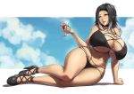  1girl bikini black_bikini black_hair breasts cleavage commission cup curvy drinking_glass gradient_hair high_heels highres huge_breasts long_hair looking_at_viewer mole mole_under_mouth multicolored_hair nail_polish o-ring o-ring_bikini original packge silver_hair smile solo swimsuit thick_thighs thighs wide_hips wine_glass 