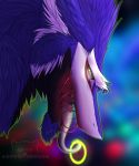  anthro black_body black_fur blood blue_body blue_fur blue_hair bodily_fluids facial_hair fluffy fur glowing goatee hair hi_res long_tongue looking_at_viewer male multicolored_body multicolored_fur sergal simple_background solo tongue white_body white_fur xredpandax_(artist) 