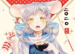  1boy 2020 animal_ear_fluff animal_ears arrow_(projectile) bangs beige_background bell bowl chinese_zodiac ear_ribbon extra_ears food hair_ornament hairclip hamaya holding holding_bowl japanese_clothes jewelry jingle_bell kemonomimi_mode kimono long_sleeves looking_at_viewer male_focus mochi mouse_boy mouse_ears mouse_tail mushroom necklace new_year open_mouth scarf shichimi_(ftlvampire32) solo steam striped tail tassel tongue touken_ranbu tsurumaru_kuninaga upper_body vegetable white_hair year_of_the_rat yellow_eyes zouni_soup 