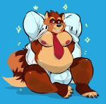  2020 anthro armpit_hair belly blue_background body_hair brown_body brown_fur bulge burrnie canid canine clothed clothing fur hi_res male mammal moobs necktie nipples open_clothing open_shirt open_topwear overweight overweight_anthro overweight_male raccoon_dog shirt simple_background sitting solo tanuki topwear 
