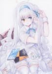  armband bag blush breasts colored_pencil_(medium) darkkanan dress graphite_(medium) hairband halo heterochromia highres kneeling large_breasts long_hair mail original shoes simple_background suitcase thighhighs traditional_media twintails white_dress white_hair white_legwear 