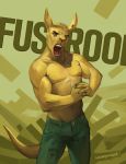  2015 abstract_background anthro bethesda_softworks biceps biped black_eyebrows bottomwear brown_eyes brown_nose clothed clothing digital_media_(artwork) ear_piercing eyebrows fingers fur gauged_ear green_bottomwear green_clothing green_pants hi_res kangaroo macropod male mammal marsupial muscular muscular_anthro muscular_male open_mouth pants pecs piercing portrait restricted_palette signature skyrim solo standing teeth the_elder_scrolls three-quarter_portrait topless video_games whiteleonard yelling yellow_body yellow_fur yellow_tail 
