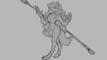  16:9 2020 anthro big_breasts breasts canid canine female fox fur grey_background hair holding_object holding_weapon mammal melee_weapon monochrome nipples nude polearm simple_background solo spear transformation watsup weapon widescreen 