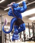  4:5 4_toes anthro back_muscles black_clothing blue_body blue_scales blue_tail bodily_fluids butt claws clothed clothing dragon dream_and_nightmare exercise eyes_closed hi_res horn male muscular muscular_male scales scalie soles sweat tail_tuft teeth toe_claws toes topless tuft white_horn 