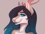  anthro black_hair blue_eyes blue_hair brown_body brown_fur catherinemeow cervid female fur hair horn mammal multicolored_body multicolored_fur multicolored_hair open_mouth open_smile simple_background smile solo tongue two_tone_body two_tone_fur two_tone_hair white_body white_fur 
