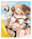  above anila_(granblue_fantasy) breasts draph gran_(granblue_fantasy) granblue_fantasy highres horns large_breasts masato_(mirai_koubou) sheep_horns short_eyebrows smile swimsuit thick_eyebrows white_swimsuit 