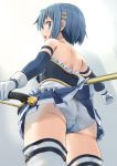  1girl armlet ass back bare_shoulders blue_gloves blue_hair blue_shirt blue_skirt blush boots chicken_(chickenx) cowboy_shot crotch_seam elbow_gloves frilled_shirt frills from_behind gloves hair_ornament hairclip highres holding holding_sword holding_weapon lifted_by_another looking_at_viewer looking_back magical_girl mahou_shoujo_madoka_magica miki_sayaka miniskirt open_mouth panties pleated_skirt polearm shirt short_hair skirt skirt_lift spear standing sword thigh_boots thigh_strap thighhighs underwear weapon white_footwear white_gloves white_panties 