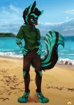  2016 anthro beach bedroom_eyes biped black_body black_bottomwear black_claws black_clothing black_fur black_hair black_shorts blue_body blue_fur blue_pawpads bottomwear canid canine claws clothed clothing collar day daylight detailed_background digital_media_(artwork) digitigrade dracony_windfall fennec fingers fluffy fluffy_ears fluffy_tail fox fully_clothed fur grass green_clothing green_eyes green_shirt green_topwear grin hair half-closed_eyes hands_on_hips hi_res island jewelry long_ears looking_at_viewer lu_kurio lukurio male mammal narrowed_eyes naughty_face necklace no_shoes outside pawpads paws pink_nose polo_shirt raised_tail realistic ring sand seaside seductive shaded shadow shirt short_hair shorts signature sky smile solo solo_focus sparkles standing striped_body striped_fur stripes suggestive suggestive_pose suggestive_posing summer tagme teeth text topwear tree water wave whiskers 