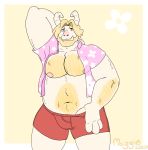  anthro arm_hair asgore_dreemurr baron_montesque blonde_hair body_hair bovid boxers_(clothing) bulge caprine chest_hair clothing clothing_too_small fangs fluffy goat hair hand_in_underwear heterochromia hi_res horn looking_at_viewer male mammal musclegut muscular muscular_anthro muscular_male nipples overweight overweight_anthro overweight_male shirt solo topwear undertale underwear video_games 