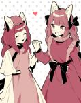  2girls akagashi_hagane animal_ears bangs black_bow blush bow braid cat_ears cat_tail chen closed_eyes commentary_request cowboy_shot dress fang hair_bow hand_up hansoku_tantei_satori hat heart holding_hands interlocked_fingers jewelry kaenbyou_rin long_hair long_sleeves mob_cap multiple_girls multiple_tails open_mouth polka_dot polka_dot_background short_sleeves single_earring smile tabard tail touhou twin_braids two_tails white_background 