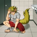  1:1 abs anthro bathroom black_nose blonde_hair bodily_fluids bulge canid canine canis claws clothing crouching door feet forced forced_transformation fur genital_fluids growth hair hand_on_floor hand_on_forehead hand_on_head hi_res human humanoid male mammal messy_hair muscle_growth muscular paws precum precum_through_clothing scared sink solo story story_in_description toluenesister transformation were werecanid werecanine werewolf wet wet_clothing wolf worried yellow_body yellow_fur 