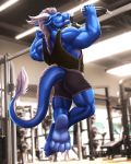  4:5 4_toes anthro black_clothing blue_body blue_scales blue_tail butt claws clothed clothing dragon dream_and_nightmare exercise eyes_closed hi_res horn inside male muscular muscular_male scales scalie shirt soles tail_tuft tank_top teeth toe_claws toes topwear tuft white_horn 