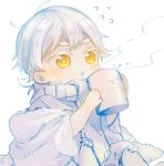  1boy :o blowing blush chibi cup flipped_hair flying_sweatdrops fur_coat holding holding_cup long_sleeves looking_away male_focus mug off_shoulder print_mug scarf shichimi_(ftlvampire32) simple_background sitting solo steam touken_ranbu tsurumaru_kuninaga white_background white_hair yellow_eyes 