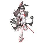  1girl :p animal_ears april_(arknights) arknights arrow_(projectile) bangs bare_legs black_gloves black_hair bow_(weapon) bunny_ears compound_bow crossed_legs dress fingerless_gloves full_body gloves hair_between_eyes holding holding_bow_(weapon) holding_weapon long_hair long_sleeves looking_at_viewer official_art purple_eyes quiver reoen shoes short_dress single_glove smile sneakers socks solo standing tongue tongue_out transparent_background watson_cross weapon white_dress white_footwear white_legwear 