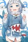  1girl a bangs barcode blue_eyes blue_hair blue_hoodie blush claw_pose ear_tag fish_bone fish_skeleton gawr_gura hews highres hololive hololive_english hood long_sleeves looking_at_viewer medium_hair multicolored_hair no_panties open_mouth shark shark_costume shark_girl shark_hood shark_print shark_tail sharp_teeth smile solo speech_bubble streaked_hair tail teeth virtual_youtuber white_hair 