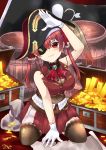  1girl barrel black_legwear blush breasts chest cleavage commentary_request eyepatch flag gloves gold hat hololive houshou_marine large_breasts looking_at_viewer pirate_hat red_eyes red_hair sleeveless smile thighhighs treasure virtual_youtuber white_gloves 