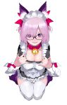  1girl absurdres aka_shiro_kiiro animal_ears apron bangs bell bell_collar black_dress blush breasts cat_ears cleavage collar collarbone cosplay dress fate/extra fate/grand_order fate_(series) frills glasses hair_over_one_eye hair_ribbon highres jingle_bell light_purple_hair looking_at_viewer maid_headdress mash_kyrielight open_mouth paw_shoes puffy_short_sleeves puffy_sleeves purple_eyes red_ribbon ribbon seiza shoes short_hair short_sleeves simple_background sitting smile tamamo_(fate)_(all) tamamo_cat_(fate) tamamo_cat_(fate)_(cosplay) thighhighs two_side_up white_apron white_background white_legwear 