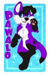  anthro applepup badge black_hair black_nose black_paws canid canine canis domestic_dog elkhound floppy_ears footprint fur hair male mammal paw_up pawalo pawpads pawprint pawprint_marking paws purple_body purple_fur solo spitz white_body white_fur 