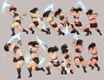  1girl abs action attack back bangs black_hair black_legwear black_shorts blue_eyes covered_mouth drawstring facing_away flat_chest from_side full_body gesogeso grey_background hair_ornament halterneck holding holding_sword holding_weapon kneehighs leaning_to_the_side midriff motion_blur multiple_views muscle muscular_female navel ninja original outstretched_arms ponytail profile reverse_grip sequential shorts simple_background slashing squatting standing sword weapon wristband 