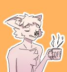  anthro beverage canid clothed clothing coffee coffee_mug eekyloo flat_colors gradient hair hi_res male mammal messy_hair orange_background simple_background solo tired tired_eyes tired_of_this_shit topless yellow_background 