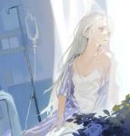  1girl bare_shoulders blue_flower blue_rose curtains flower highres hospital indoors intravenous_drip long_hair looking_out_window original plant rose sitting sketch solo white_hair window yan_wei_jiaonang 