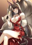  1girl akagi_(azur_lane) akagi_(blushing_intoxication)_(azur_lane) animal_ear_fluff animal_ears azur_lane bangs bare_shoulders black_choker black_gloves black_hair blunt_bangs blush breasts champagne_flute choker cleavage crossed_legs cup dress drinking_glass eyeliner feather_boa fingerless_gloves fox_ears fox_girl fox_tail gloves hair_ornament halterneck highres holding holding_cup invisible_chair kitsune large_breasts large_tail long_hair looking_at_viewer makeup multiple_tails o-ring red_dress red_eyes revealing_clothes side_slit sitting solo tail teltelhousi thighs tongue tongue_out twitter_username very_long_hair 