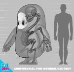  1other commentary copyright_name english_commentary english_text fall_guy fall_guys full_body greyscale highres monochrome official_art ribs silhouette size_comparison skeleton skull solid_oval_eyes standing striped striped_background tudormorris what x-ray 