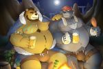  2020 3:2 alcohol anthro beer belly beverage bottomwear brown_body brown_fur bulge clothing cute_fangs duo food fur hi_res kemono male mammal moobs moon mtflying30371 night nipples outside overweight overweight_male shorts sitting towel ursid 