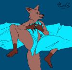  anthro bed bed_sheet bedding bedroom_eyes blue_background canid canine clothed clothing covering covering_self dipstick_limbs feet female furniture hi_res mammal narrowed_eyes partially_clothed realius seductive simple_background smile solo thick_thighs 