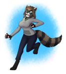  2020 alpha_channel anthro barefoot bottomwear breasts brown_hair clothing female green_eyes hair hoodie implied_transformation mammal on_one_leg open_mouth pants pawpads procyonid raccoon simple_background solo standing surprise tomek1000 topwear transparent_background 