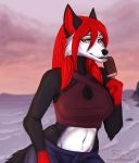  anthro big_breasts black_body black_fur bottomwear breasts canid canine canis clothed clothing denim denim_clothing dessert detailed_background eating female food fur gloves_(marking) hair hi_res ice_cream jeans long_hair looking_at_viewer mammal markings multicolored_body multicolored_fur navel nipple_outline pants red_body red_eyes red_fur red_hair sand sea sky smile solo top water white_body white_fur wolf xredpandax_(artist) 