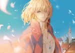  1boy bangs blonde_hair blue_eyes building cape collared_shirt day earrings hair_between_eyes highres howl_(howl_no_ugoku_shiro) howl_no_ugoku_shiro jewelry male_focus necklace outdoors petals print_cape shirt signature sky smile solo upper_body white_shirt yooroongoo 